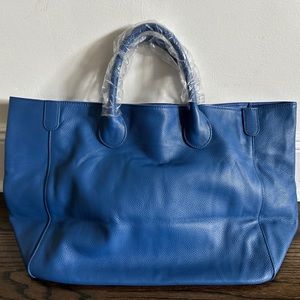 NEW FRENCH BLUE GENUINE LEATHER OVERSIZE SLOUCH TOTE BAG BOAT ELISABETTA STYLE